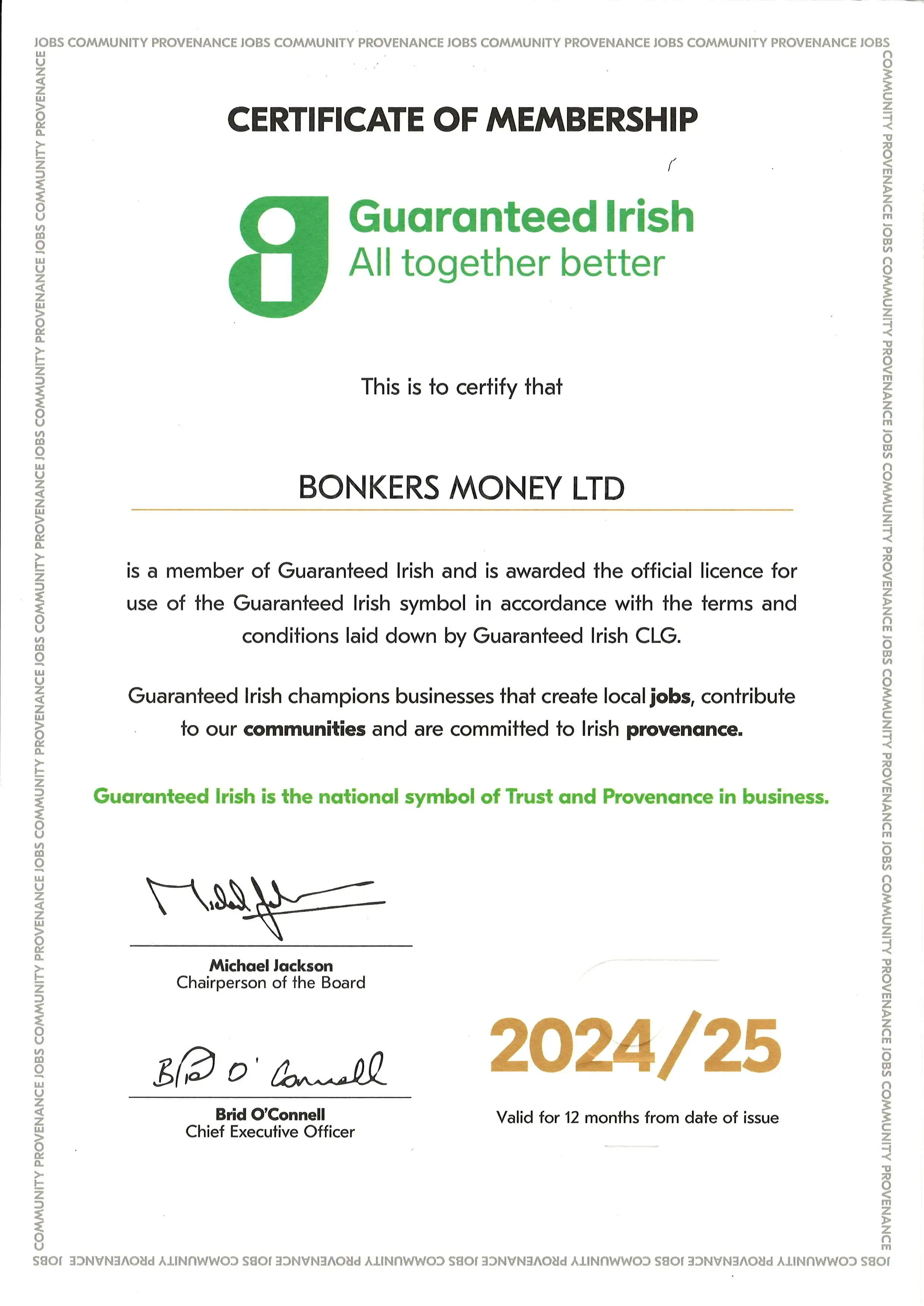 Guaranteed Irish certificate